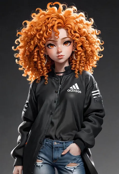 a close up of a doll with orange hair and a jacket