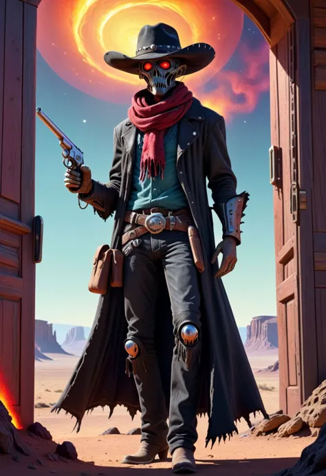 1 male, old, skinny, gaunt, outlaw gunfighter on an alien planet, outsider, grizzled, tattered red scarf and poncho blow in the breeze, black cowboy hat, his eyes are shaded by his hat, face burned and mutated by rediation, respirator, cybernetic arm, ready to draw his pistol, standing in front of saloon doors, (wide shot:1.2), ((Emphasized details:2)), best quality, 8K, high resolution, ((masterpiece)), ultra detailed and beautiful, official art, cinematic lighting, HD, psychedelic alien worlds