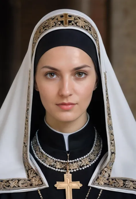 a woman in a nun's outfit with a cross on her head