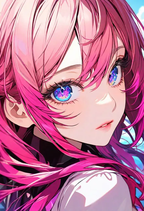 anime girl with pink hair and blue eyes looking at the camera