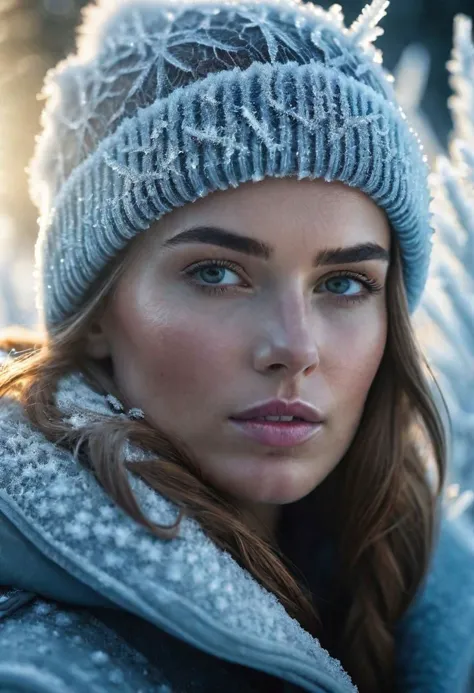 a close up of a woman wearing a hat and jacket