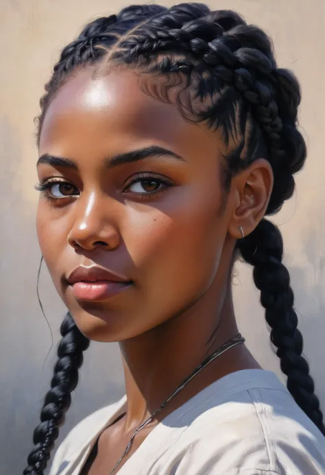 a painting of a woman with braids and a white shirt