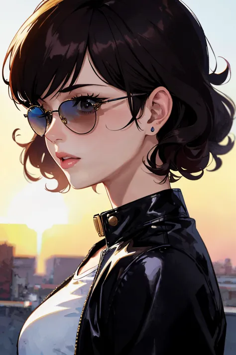 anime girl with sunglasses and a black jacket looking at the camera