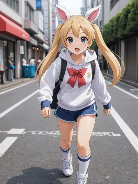 anime girl in a white hoodie and blue shorts walking down a street