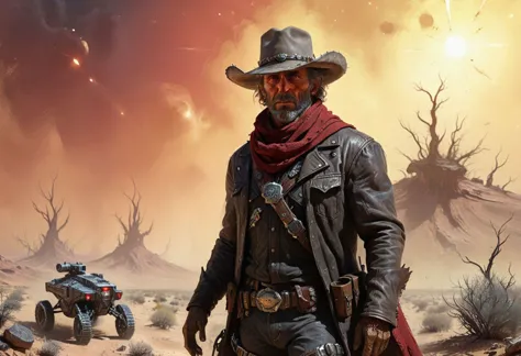 1 male, older, outlaw gunfighter on an alien planet, outsider, tough, resilient, grizzled, red scarf, cowboy hat, his eyes are shaded by his hat, chemical burns on face, cybernetic arm, (wide shot:1.2), ((Emphasized details:2)), best quality, 8K, high resolution, ((masterpiece)), ultra detailed and beautiful, official art, cinematic lighting, HD,