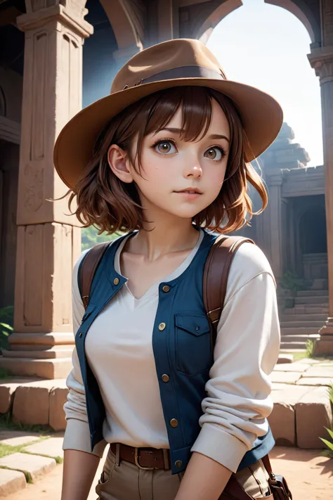 (((adorable, cute, kawaii)), (((anime art of Ochaco Uraraka))), A portrait of indiana jones 18y teenager girl inside a temple, ((like lara croft from tomb raider)), sand coloured waistcoat, indiana jones hat, (((sweaty face))), fear gaze, abandon ruins, high-angle photo, glamor shot, a portrait inspired by marie-gabrielle capet, trending on cg society, cropped shirt, posing at the manage, shoulder pads, photo from 2022, buttons, dimples, black sweater, transparencies, joey king, unreal engine, cinematic, color grading, portrait photography, shot on 22mm lens, ultra-wide angle, depth of field, hyper-detailed, beautifully color-coded, insane details, intricate details, beautifully color graded, unreal engine, cinematic, color grading, editorial photography, photography, photoshoot, shot on 22mm lens, depth of field, dof, tilt blur, shutter speed 1/1000, f/22, white balance, 32k, super-resolution, megapixel, prophoto rgb, vr, lonely, good, halfrear lighting, backlight, natural lighting, massive, incandescent, optical fiber, moody lighting, cinematic lighting, studio lighting, soft lighting, volumetric, contre-jour, beautiful lighting, accent lighting, global illumination, screen space global illumination, ray tracing global illumination, optics, scattering, glowing, shadows, rough, shimmering, ray tracing reflections, lumen reflections, screen space reflections, diffraction grading, chromatic aberration, gb displacement, ray traced, ray tracing ambient occlusion, anti-aliasing, shaders, opengl-shaders, glsl-shaders, post processing, post-production, cel shading, tone mapping, cgi, vfx, sfx, insanely detailed