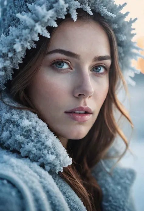 a close up of a woman wearing a coat and a hat