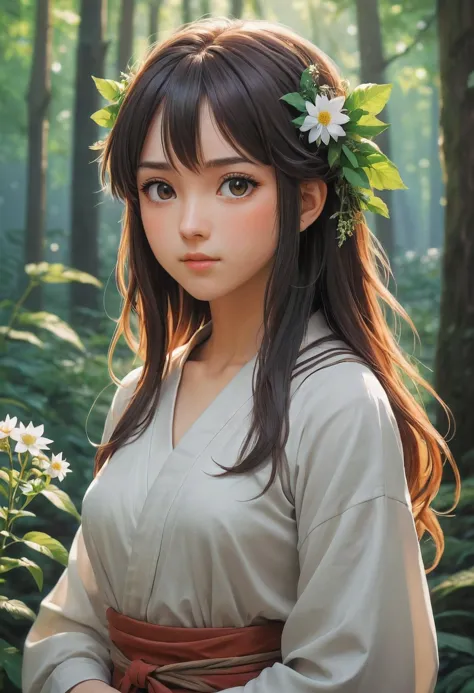 a woman with a flower in her hair standing in a forest