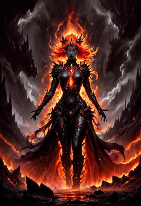 ASCIIDunkler Fantasy-Surrealismus :: ominous Inhuman Goddess made of molten genug :: Risse in der Haut, die ein feuriges Glühen offenbaren, es sieht rau und uneben aus, hart und spröde, Ihr Körper besteht aus schwarzem Stein mit leuchtend roten Rissen :: her hair is like a stream of Flüssig genug, fließt den Rücken hinunter und tropft auf den Boden, molten_Flüssig_genug_Haare tropfen nach unten :: sie kauert auf einem felsigen Untergrund, aus einem Vulkanausbruch hervorgehend :: Felslandschaft mit feurigem Himmel, genug flows and smoke, warme Farben :: feurige und intensive Stimmung, dunkle und bedrohliche Stimmung :: von unten beleuchtet, ein Gefühl von Drama und Intensität erzeugen, beleuchtet durch das Feuer und den Rauch :: dynamische und kraftvolle Komposition, imposant :: hoher Detailgrad, Konzentriere dich auf die Figur, Hintergrund unscharf, epische Schärfentiefe :: Fantasy-Kunst, gotische Kunst, Abonnieren :: genug and fire goddess made of black rock and flames