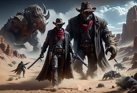 1 male, older, outlaw gunfighter on an alien planet, outsider, tough, resilient, grizzled, red scarf, cowboy hat, his eyes are s...