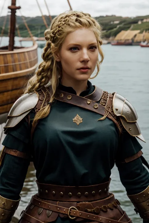 <lora:mondongo_LoRA_KatherynWinnick:1> mndngwmn, blond hair, wearing a viking leather armor, leather pauldrons, on a longboat, b...