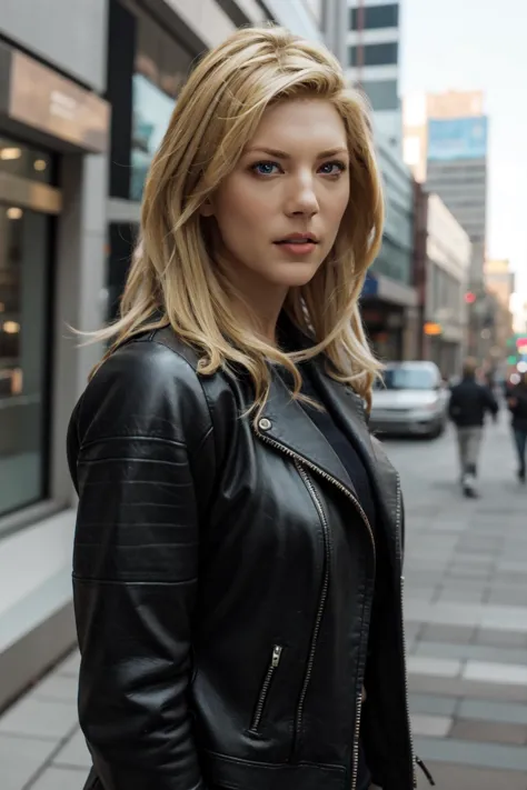 <lora:mondongo_LoRA_KatherynWinnick:1> mndngwmn, blond hair, wearing a leather jacket, on a city downtown, (ultra realistic, 8k,...