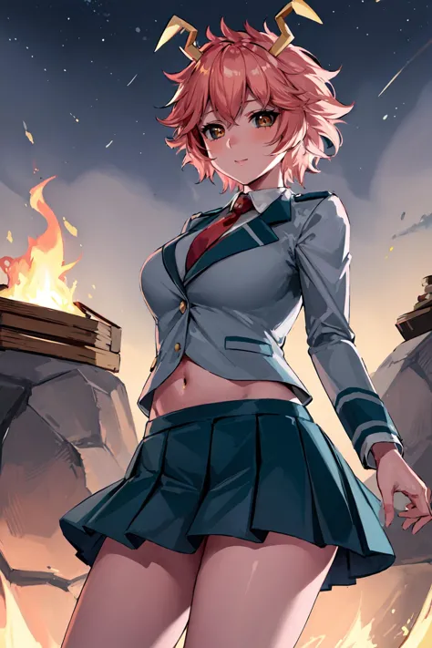 masterpiece, best quality, highres, ashidomina, short hair, horns, (colored sclera:1.1), (black sclera:1.2), pink skin, school uniform, red necktie, collared shirt, blazer, grey jacket, long sleeves, pleated skirt, green skirt, <lora:ashido_mina_v1:0.8>, sexy, (midriff), looking at viewer, campfire, crackling flames, cozy warmth, nighttime ambiance, <lora:add_detail:0.3>