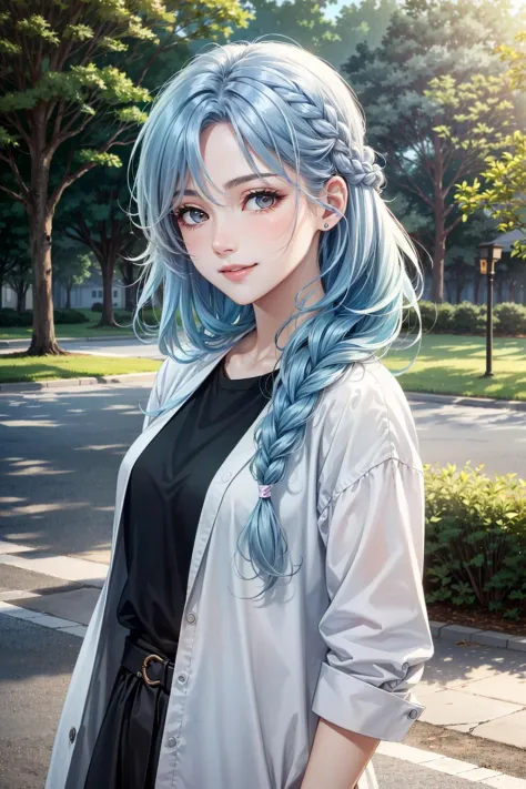 (face focus), (1girl,female,woman,solo,pale skin,casual fashion,kawaii), (long hair,single braid hair,light blue hair,cute face,light smile), (in the park),