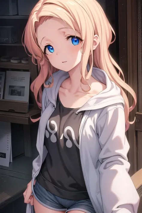 anime girl with blue eyes and a hoodie standing in front of a book shelf