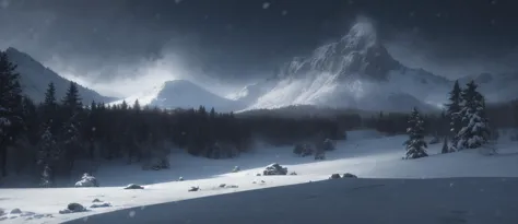 snowy mountain scene with a snow covered forest and a snow covered mountain