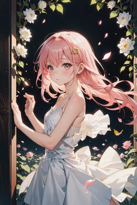 anime girl with pink hair and white dress standing in a doorway