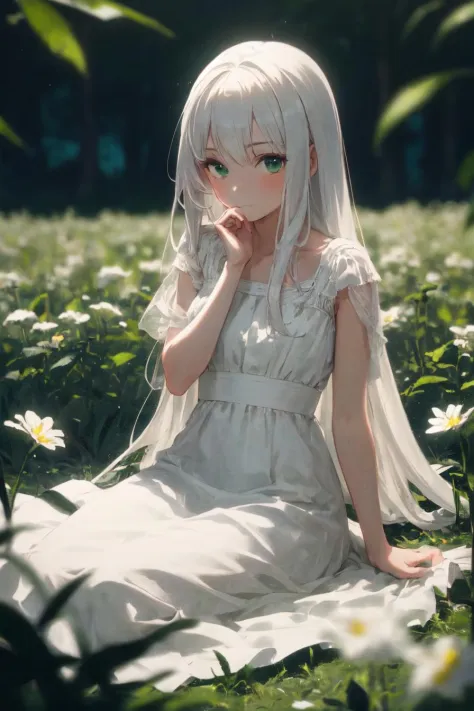 (masterpiece, best quality),1girl with long white hair sitting in a field of green plants and flowers, her hand under her chin, warm lighting, white dress, blurry foreground