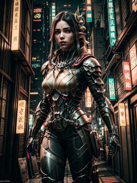 a woman in armor standing in an alley with a sword