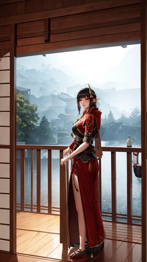 a woman in a red dress standing on a balcony next to a lake