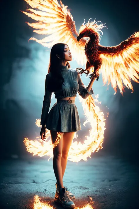 a woman holding a bird with fire in her hand