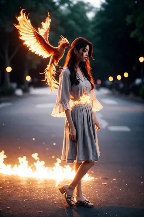 a woman in a dress standing in front of a fire with a bird on her shoulder