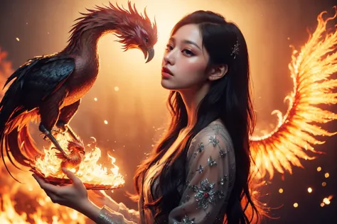 a woman holding a bird in her hand with fire in the background