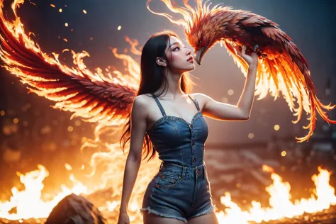 a woman with wings on her head holding a bird in front of a fire