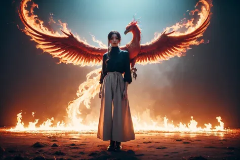 a woman standing in front of a fire with a bird on her shoulder