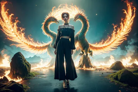 a woman standing in front of a fire filled sky with a bird