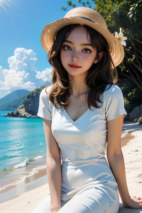 a woman sitting on a beach with a hat on