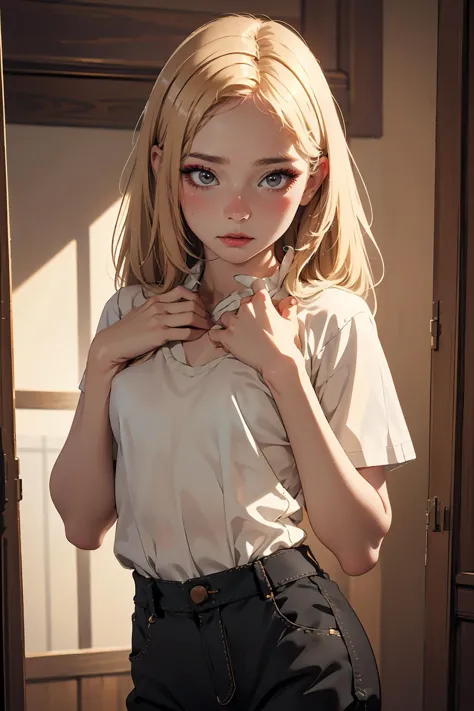 ( detailed realistic background:1), ( official art, beautiful and aesthetic:1 ), realistic lighting, cinematic lighting, hyperrealism, soothing tones, muted colors, high contrast, soft light, sharp, artistic photoshoot, ( cute, petite ), slender, pale cheeks, makeup, big breasts, blonde hair, (shirt), pants, hands down