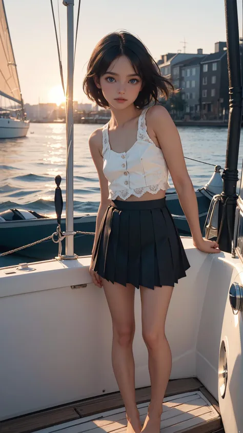 arafed asian woman in a white top and black skirt on a boat