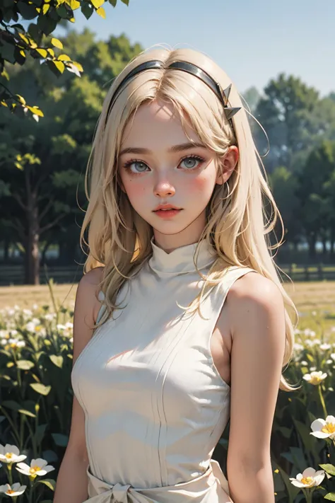 ( detailed realistic background:1),
( official art, beautiful and aesthetic:1),
realistic lighting,
cinematic lighting,
hyperrealism,
soothing tones,
muted colors,
high contrast,
soft light,
sharp,
artistic photoshoot,
( cute, petite),
slender,
european,
pale cheeks,
square face shape with angular jaw,
natural "no-makeup" makeup, hair ornament, 
big breasts,
wearing Wearing a Sleeveless Tunic , Wearing a Pillbox Hat and striped stockings , Upper Body,
Bare shoulders, Bare neck, platinum blonde hair, grey eyes, full lips,
On a 1950s Country Farm: Red barn, haystacks, green pastures, ploughed fields,