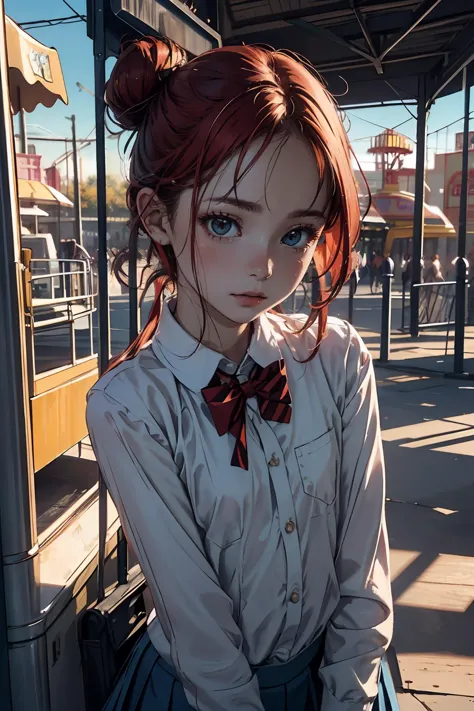 anime girl with red hair and bow tie standing in front of a window