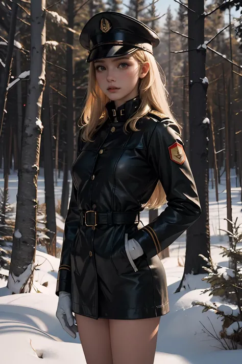 araffe in a black leather outfit standing in the snow