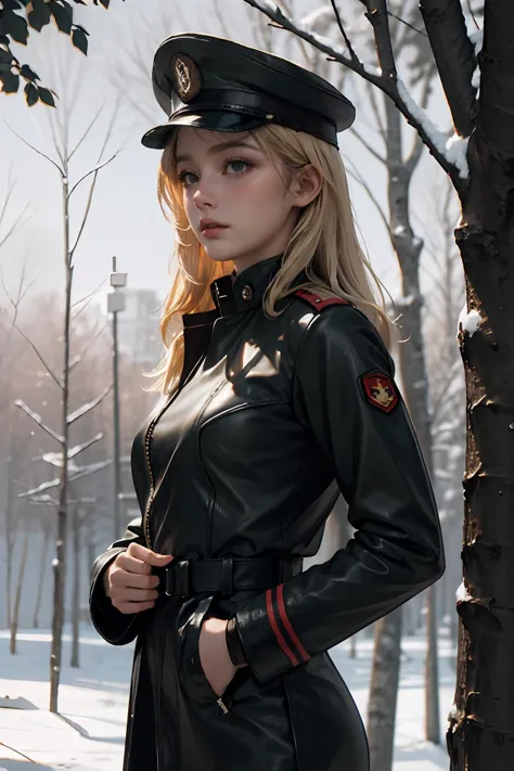 blond woman in a black leather coat and hat posing for a picture