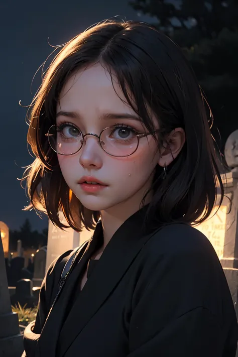 ( detailed realistic background:1), ( official art, beautiful and aesthetic:1 ), realistic lighting, cinematic lighting, hyperrealism, Poor lighting, sharp, artistic photoshoot, ( cute, petite ), slender, pale cheeks, square face shape with angular jaw, natural "no-makeup" makeup,  (A girl in the night at the cemetery, looking terrified), night, [dark], (Crying, tears), (round glasses)