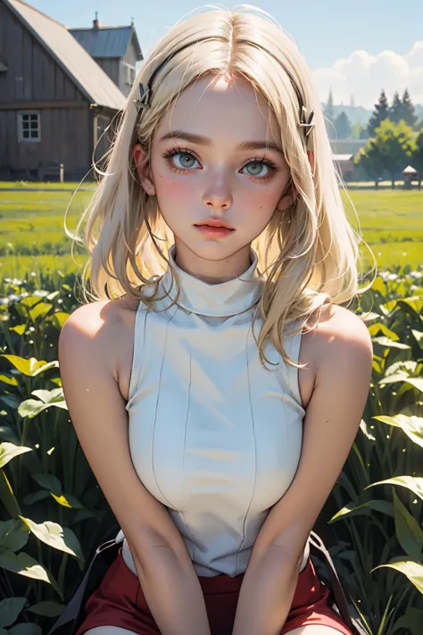 ( detailed realistic background:1),
( official art, beautiful and aesthetic:1),
realistic lighting,
cinematic lighting,
hyperrealism,
soothing tones,
muted colors,
high contrast,
soft light,
sharp,
artistic photoshoot,
( cute, petite),
slender,
european,
pale cheeks,
square face shape with angular jaw,
natural "no-makeup" makeup, hair ornament, 
big breasts,
wearing Wearing a Sleeveless Tunic , Wearing a Pillbox Hat and striped stockings , Upper Body,
Bare shoulders, Bare neck, platinum blonde hair, grey eyes, full lips,
On a 1950s Country Farm: Red barn, haystacks, green pastures, ploughed fields,