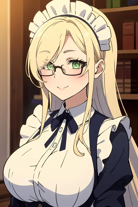 a woman in a maid outfit and glasses is standing in front of a bookcase