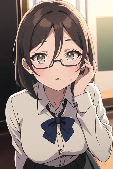 anime girl with glasses and a bow tie sitting in a room