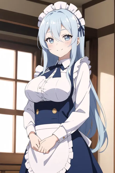 Sylpha, 1girl, solo, long hair, breasts, blush, blue eyes, light blue hair, large breasts, shirt, white shirt, maid headdress, smile, hair between eyes,, <lora:Sylpha - Dainanaoji R1:0.9>