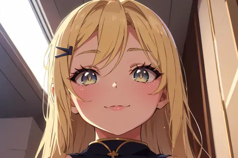 anime girl with long blonde hair and blue eyes looking at camera