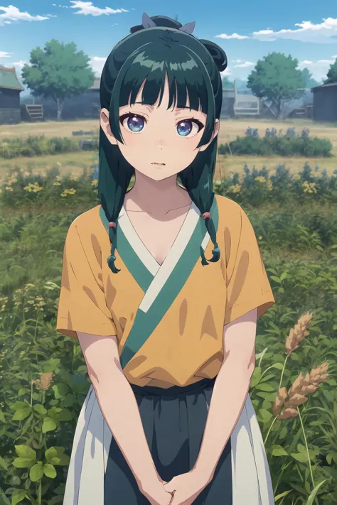 a woman with green hair standing in a field of grass