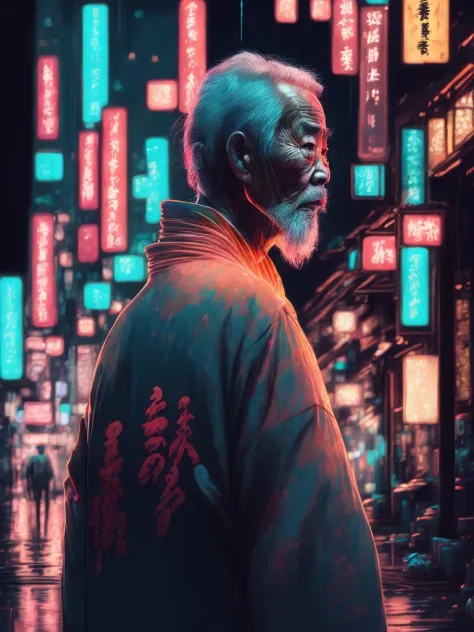 An old Asian man in a kimono as a cyberpunk character in a city street. Night, neon signage, Japanese writing, futuristic, concept art, painting, illuminated, close up, detailed, glowing.