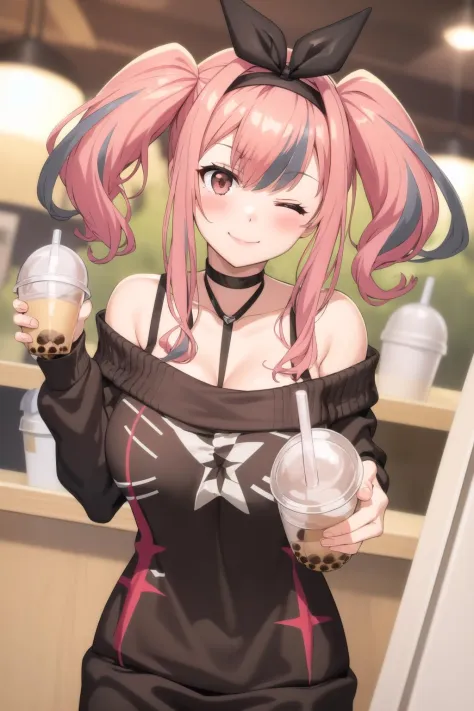 masterpiece, best quality, highly detailed, 1girl, solo, bremerton \(day-off date\), holding cup, disposable cup, bubble tea, light smile, blush, one eye closed, 