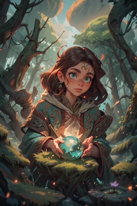 a girl holding a crystal ball in her hands in the woods