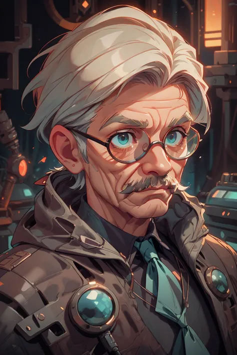 (masterpiece:1.4), (best quality:1.4), depth of field, chromatic aberration, 3d animated cartoon, vibrant, colorful, Watercolor, Ink, (1man, wrinkled face, old  male:1.2), wise,  turquoise eyes, white hair, long mustache,
portrait, looking down, solo, half shot, detailed background, detailed face, (ArtDecoAI, 1920s art deco theme:1.1), researcher, safety-goggles,  technology, advanced technology, fantasy science lab in background, biology,  biohazard, virology,   autoclave,    flashing lights,