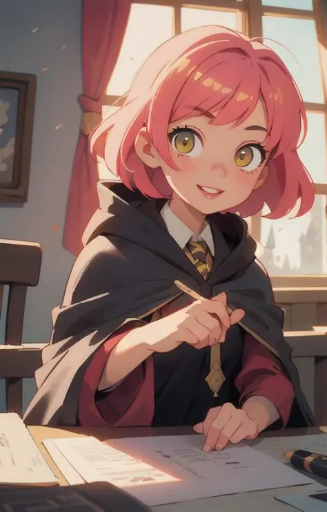 1girl, short pink hair,(hufflepuff House Cloak),( inner cloak yellow:1), (outer cloack black:1),yellow eyes, looking at viewer, solo, upper body,(masterpiece:1.4),(best quality:1.4),red lips,parted lips, ((hogwarts castle:1)),(indoor castle:1),dramatic sha...