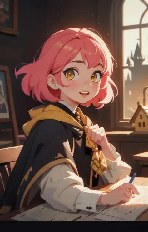 1girl, short pink hair,(hufflepuff House Cloak),( inner cloak yellow:1), (outer cloack black:1),yellow eyes, looking at viewer, ...